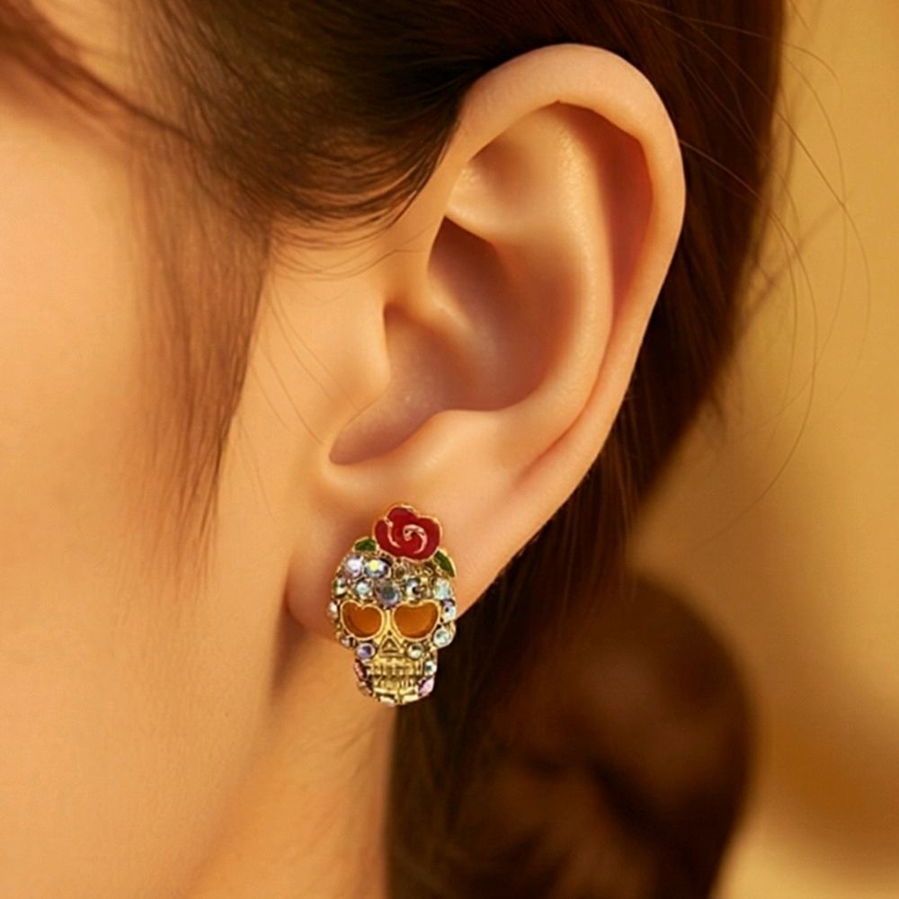 Gold Sugar Skull Rose Stud Earrings Rhinestone Día de los Muertos Gothic Mini